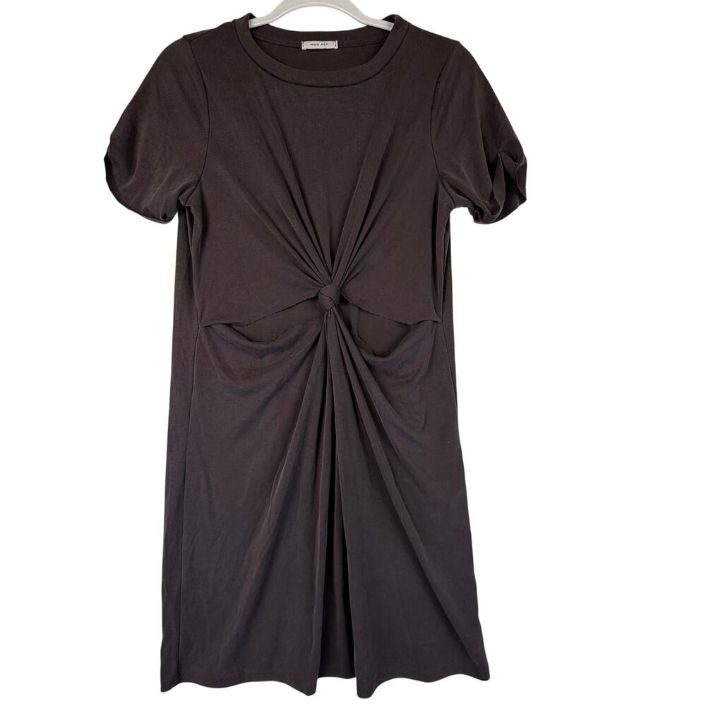MOD REF Twist Front Knot T Shirt Dress Women Sz 15 Charcoal Purple Ribbed Cutout